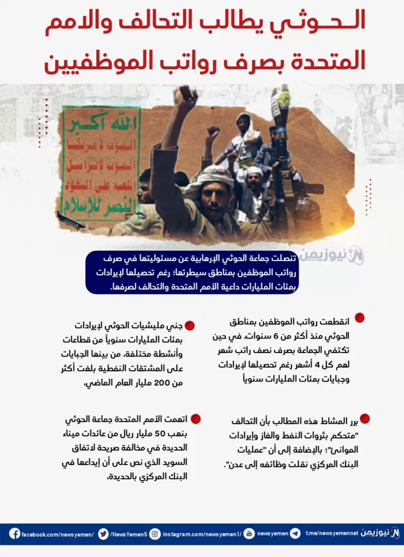 الحوثي: رواتب الموظفين على التحالف - انفوجرافيك